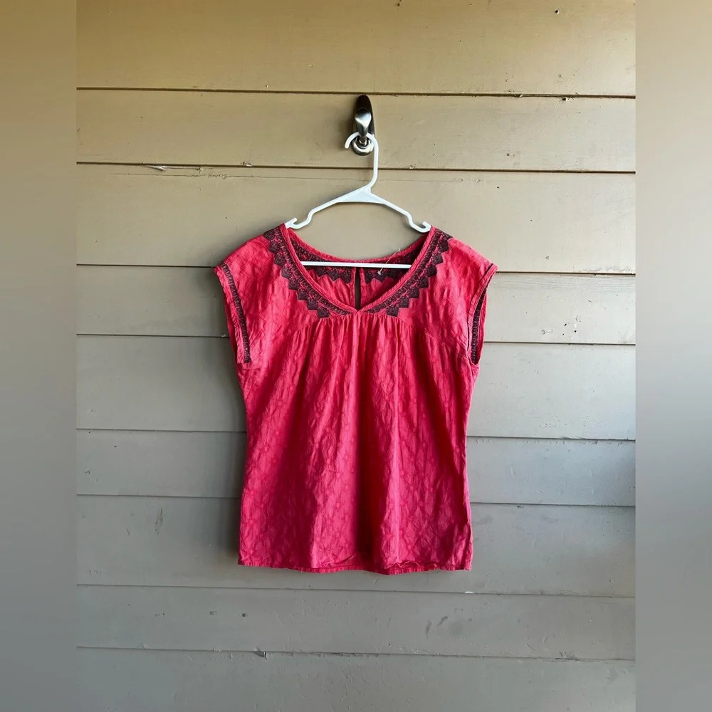 Prana Coral Pink Embroidered Cap-Sleeve Blouse